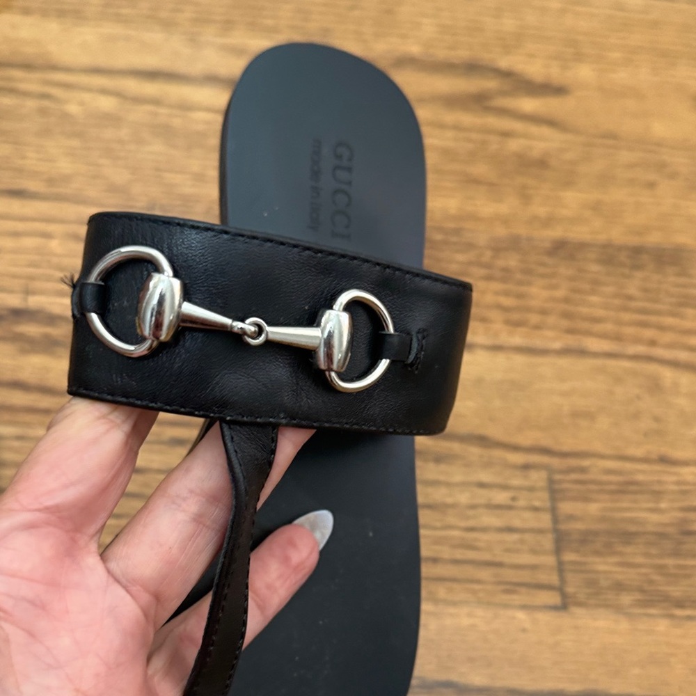 Gucci Black Leather Slide with Silver Horsebit Detail